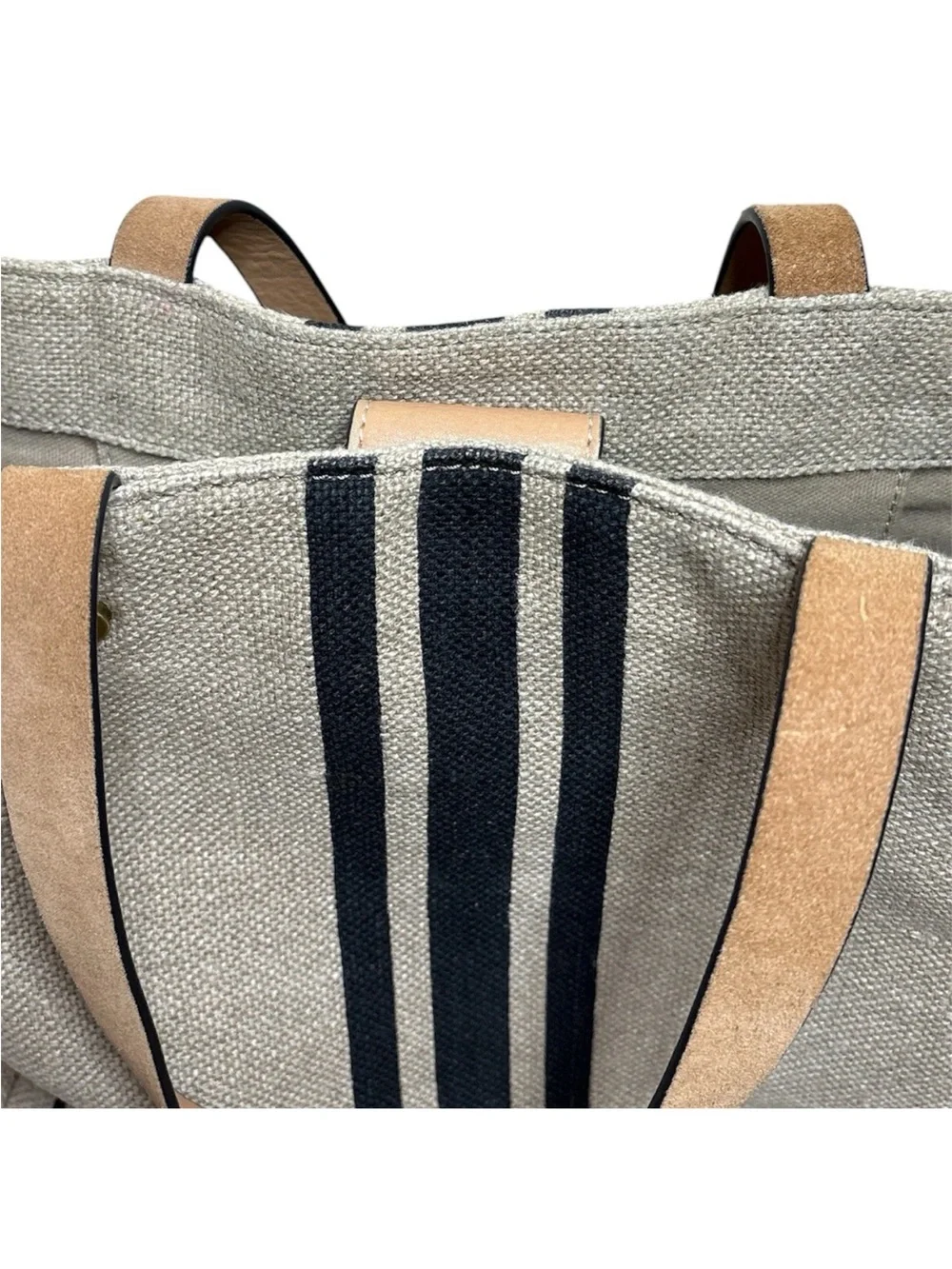 J Jill Linen Italian Leather Stripe Tote Bag Coastal Grandma Hamptons Chic Large
